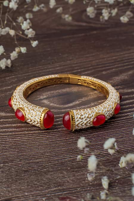 Vivinia By Vidhi Mehra Zircon & Synthetic Ruby Enamelled Kada Bangle 