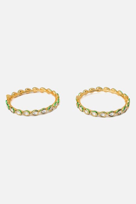 Shop Vivinia By Vidhi Mehra Gold Plated Piping, Zari Green Polki Kundan Bangles Set at Aza Fashions Shop_Vivinia By Vidhi Mehra_Gold Plated Piping, Zari Green Polki Kundan Bangles Set _at_Aza_Fashions