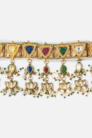 Buy_Vivinia By Vidhi Mehra_Gold Plated Beads, Piping Multi Color Kundan Choker Set _Online_at_Aza_Fashions