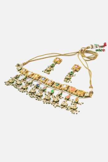 Shop_Vivinia By Vidhi Mehra_Gold Plated Beads, Piping Multi Color Kundan Choker Set _Online_at_Aza_Fashions