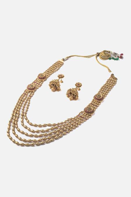 Buy_Vivinia By Vidhi Mehra_Gold Plated Patchwork Temple Carved Layered Necklace Set _Online_at_Aza_Fashions