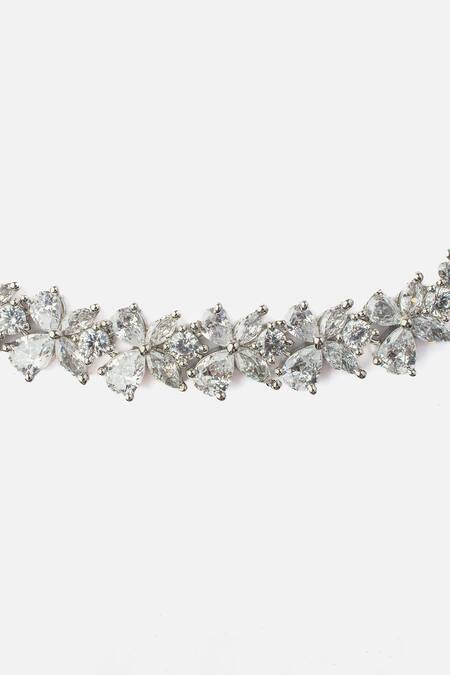 Vivinia By Vidhi Mehra_Silver Plated Crystals Cubic Zirconia Floral Choker And Earrings Set _Online_at_Aza_Fashions