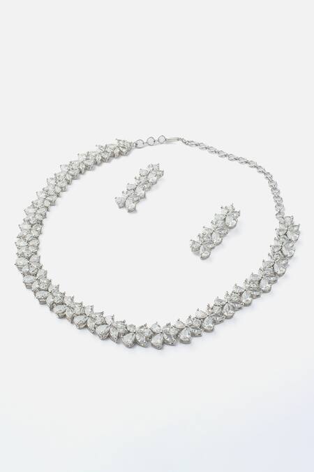 Buy_Vivinia By Vidhi Mehra_Silver Plated Crystals Cubic Zirconia Floral Choker And Earrings Set _Online_at_Aza_Fashions