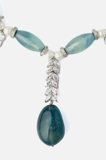 Buy_Vivinia By Vidhi Mehra_Green Aqua Bead And Pearl Embellished Necklace _Online_at_Aza_Fashions