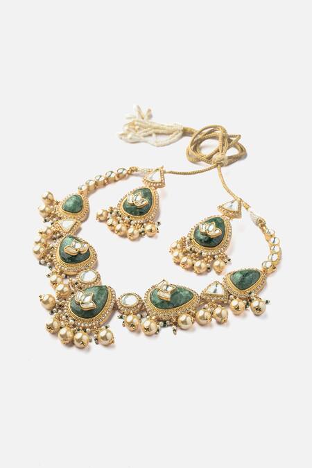 Vivinia By Vidhi Mehra_Gold Plated Stones, Pearls Lotus Carved And Green Jewellery Set _Online_at_Aza_Fashions