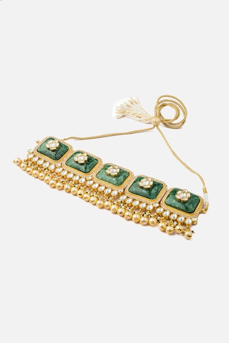 Buy_Vivinia By Vidhi Mehra_Gold Plated Stones, Pearls Lotus Carved And Green Jewellery Set _Online_at_Aza_Fashions