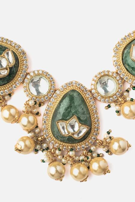 Vivinia By Vidhi Mehra_Gold Plated Stones, Pearls Lotus Carved And Green Jewellery Set _at_Aza_Fashions