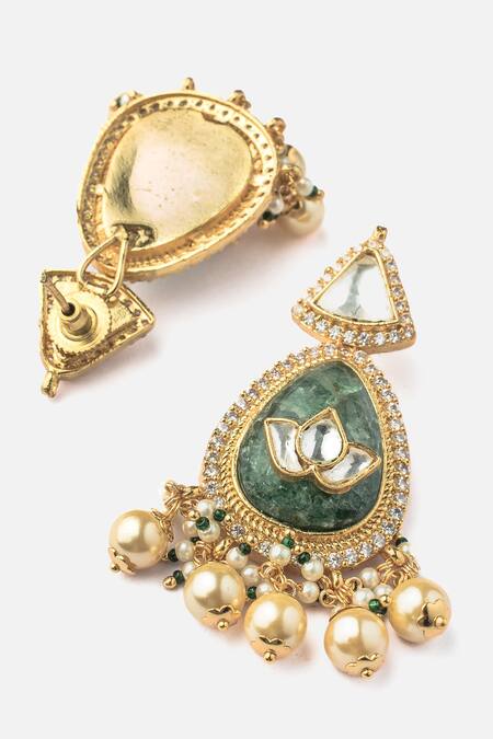 Buy_Vivinia By Vidhi Mehra_Gold Plated Stones, Pearls Lotus Carved And Green Jewellery Set 
