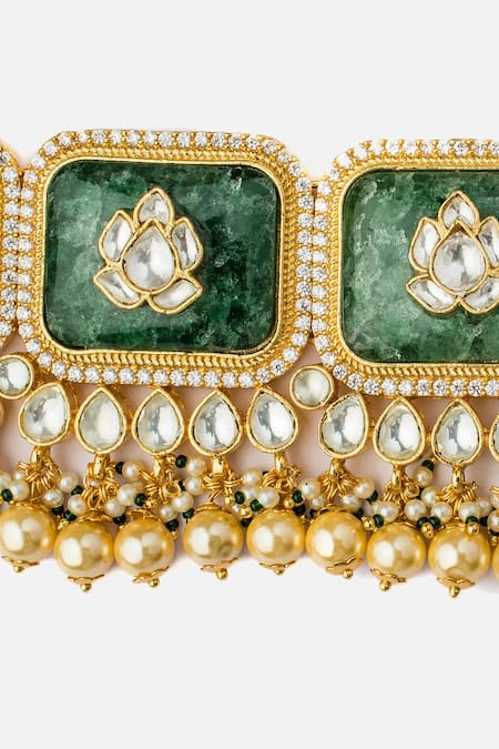 Shop_Vivinia By Vidhi Mehra_Gold Plated Stones, Pearls Lotus Carved And Green Jewellery Set 