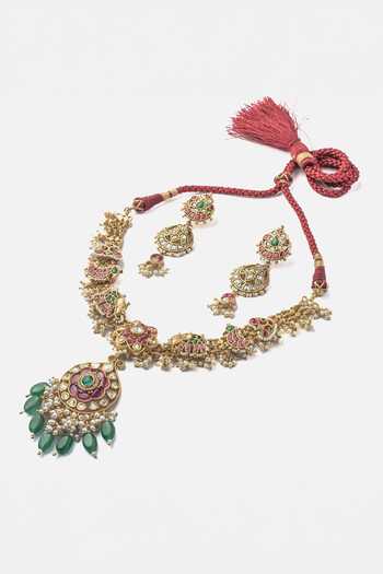 Vivinia By Vidhi Mehra Gold Plated Piping, Zari Multi Color Elephant Motif Necklace Set Online at Aza Fashions Vivinia By Vidhi Mehra_Gold Plated Piping, Zari Multi Color Elephant Motif Necklace Set _Online_at_Aza_Fashions