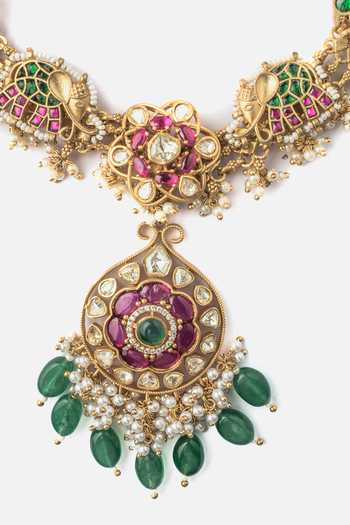 Shop Vivinia By Vidhi Mehra Gold Plated Piping, Zari Multi Color Elephant Motif Necklace Set Online at Aza Fashions Shop_Vivinia By Vidhi Mehra_Gold Plated Piping, Zari Multi Color Elephant Motif Necklace Set _Online_at_Aza_Fashions