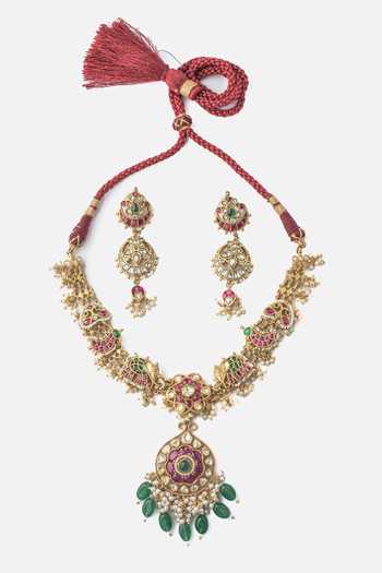 Vivinia By Vidhi Mehra Gold Multi Color Elephant Motif Necklace Set 