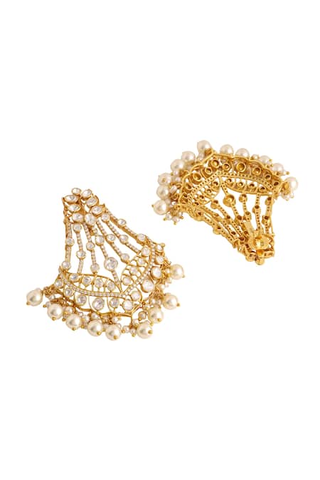 Kicky & Perky_Gold Plated Pearls, Stones Kundan Chandelier Earrings _at_Aza_Fashions