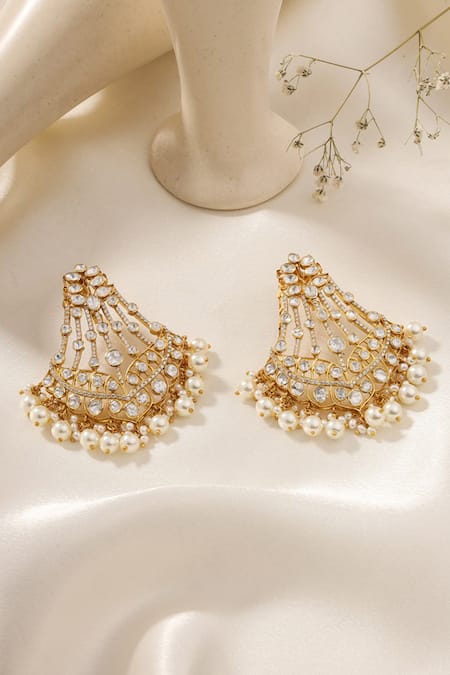 Shop_Kicky & Perky_Gold Plated Pearls, Stones Kundan Chandelier Earrings _at_Aza_Fashions