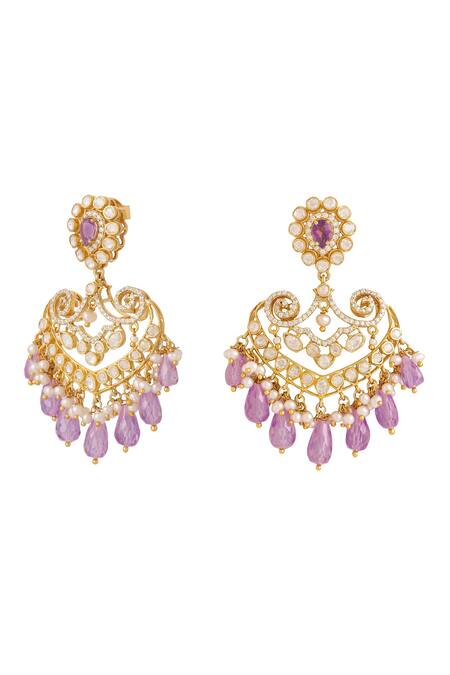 Shop_Kicky & Perky_Gold Plated Pearls, Stones, Beads Floral Pattern Embellished Chandbali Dangler 