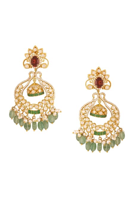 Kicky & Perky_Gold Plated Pearls, Stones, Beads Floral Scallop Pattern Earrings _at_Aza_Fashions