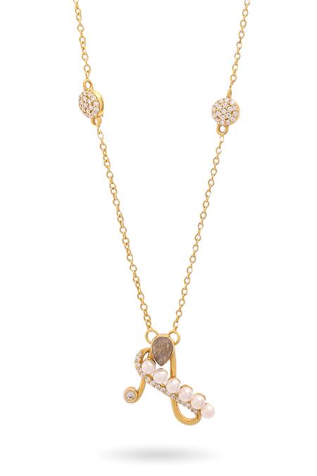 Shop Kicky & Perky Gold Plated Stone And Pearl Alphabet A Pendant Necklace Online at Aza Fashions Shop_Kicky & Perky_Gold Plated Stone And Pearl Alphabet A Pendant Necklace _Online_at_Aza_Fashions