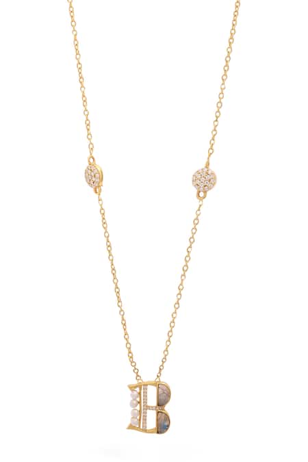 Shop_Kicky & Perky_Gold Plated Stone And Pearl Alphabet B Pendant Necklace _Online_at_Aza_Fashions