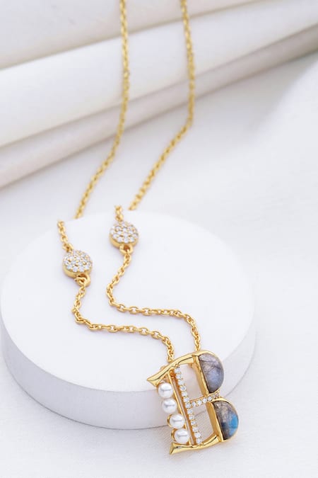 Kicky & Perky Gold Stone & Pearl Alphabet B Pendant Necklace 