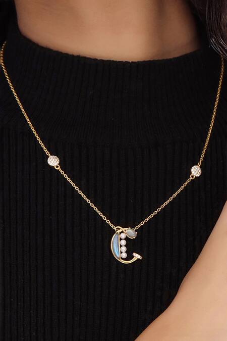 Shop_Kicky & Perky_Gold Plated Stone And Pearl Alphabet C Pendant Necklace