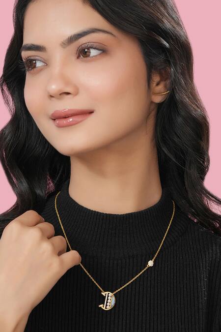 Buy_Kicky & Perky_Gold Plated Pearls, Stones Embellished Alphabet D Pendant Necklace 
