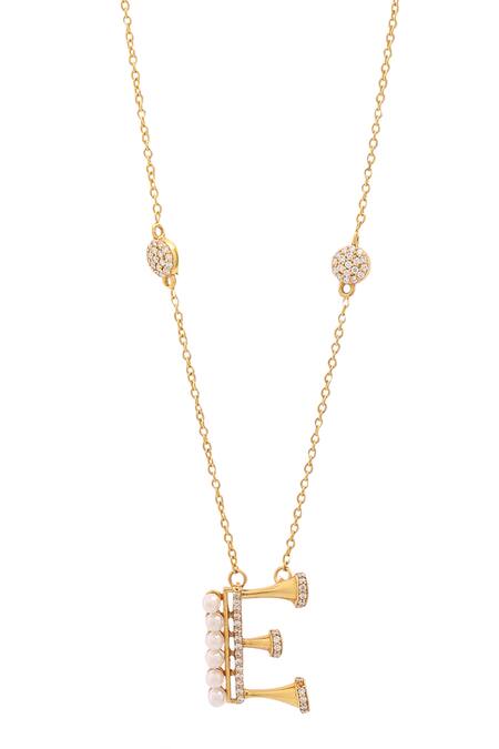 Kicky & Perky_Gold Plated Stone And Pearl Alphabet E Pendant Necklace _Online_at_Aza_Fashions