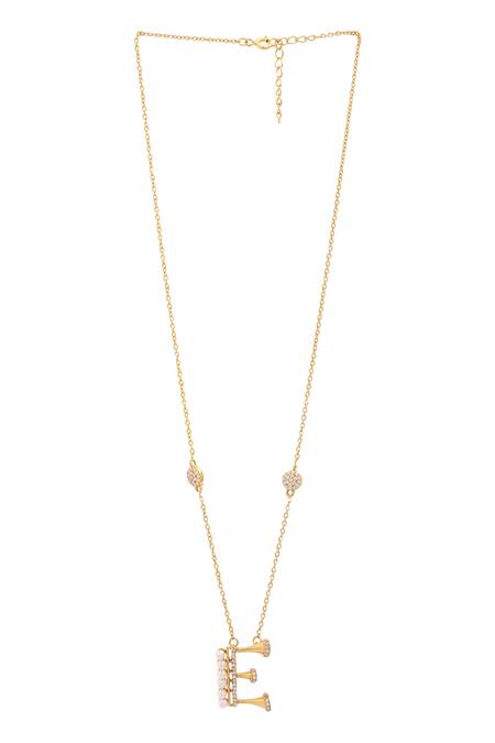 Kicky & Perky_Gold Plated Stone And Pearl Alphabet E Pendant Necklace _at_Aza_Fashions