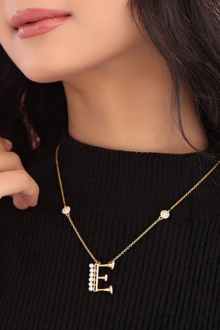 Kicky & Perky Gold Plated Stone And Pearl Alphabet E Pendant Necklace 