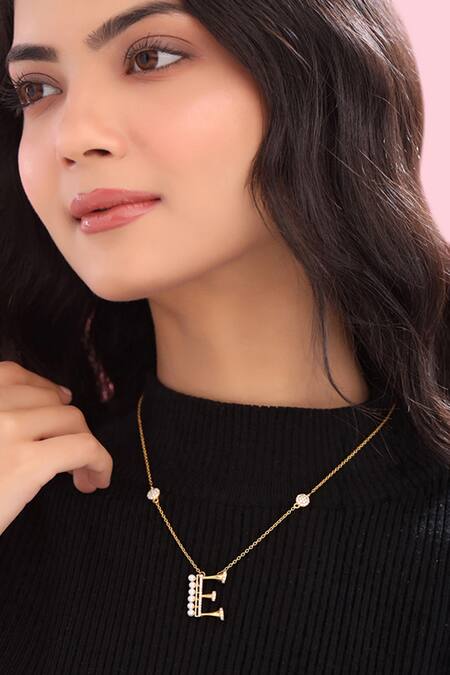Shop Kicky & Perky Gold Plated Stone And Pearl Alphabet E Pendant Necklace Shop_Kicky & Perky_Gold Plated Stone And Pearl Alphabet E Pendant Necklace