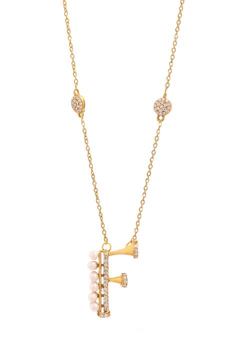 Kicky & Perky_Gold Plated Pearls, Stones And Alphabet F Pendant Necklace _at_Aza_Fashions