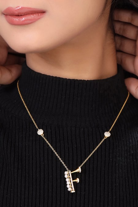 Kicky & Perky Gold Plated Pearls, Stones And Alphabet F Pendant Necklace 