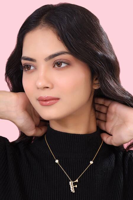 Shop Kicky & Perky Gold Plated Pearls, Stones And Alphabet F Pendant Necklace Shop_Kicky & Perky_Gold Plated Pearls, Stones And Alphabet F Pendant Necklace