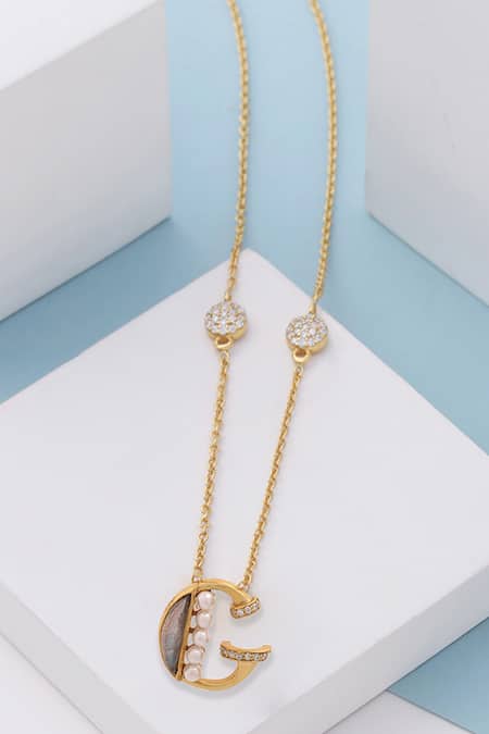Shop_Kicky & Perky_Gold Plated Pearls, Stones And Alphabet G Pendant Necklace _at_Aza_Fashions