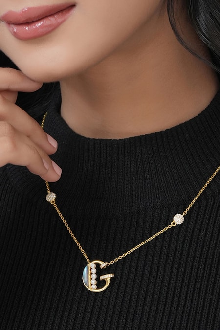 Kicky & Perky Gold Stone & Pearl Alphabet G Pendant Necklace 