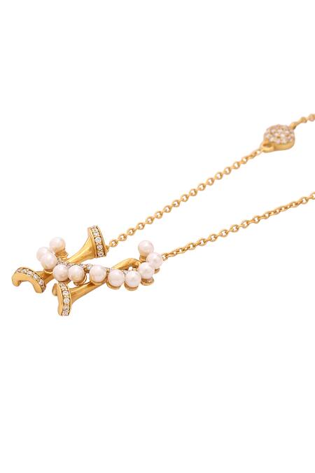 Kicky & Perky_Gold Plated Stone And Pearl Alphabet H Pendant Necklace _at_Aza_Fashions