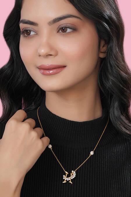 Shop Kicky & Perky Gold Plated Stone And Pearl Alphabet H Pendant Necklace Shop_Kicky & Perky_Gold Plated Stone And Pearl Alphabet H Pendant Necklace