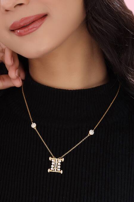Shop Kicky & Perky Gold Plated Pearls, Stones And Alphabet I Pendant Necklace Shop_Kicky & Perky_Gold Plated Pearls, Stones And Alphabet I Pendant Necklace
