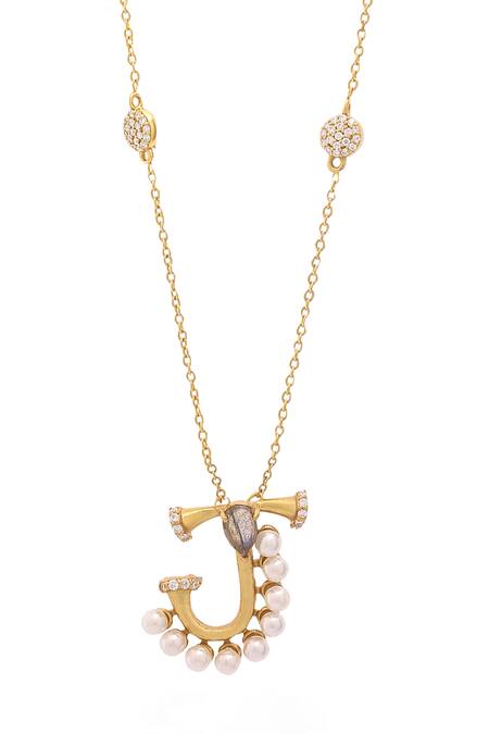 Kicky & Perky_Gold Plated Pearls, Stones And Alphabet J Pendant Necklace _at_Aza_Fashions
