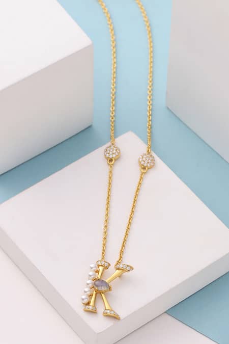 Shop_Kicky & Perky_Gold Plated Stone Pearl Alphabet K Pendant Necklace _at_Aza_Fashions