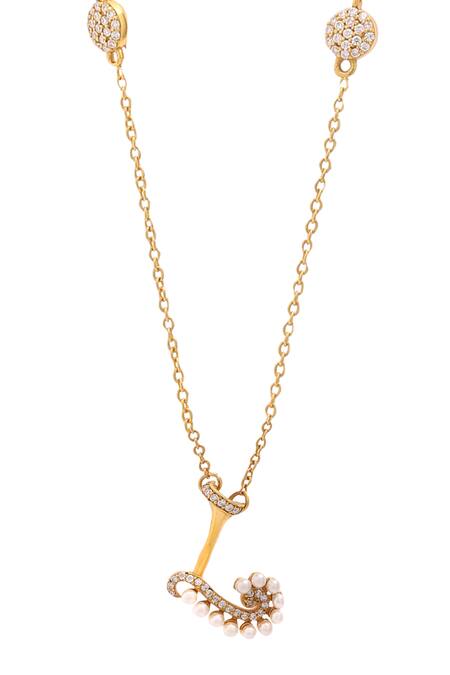 Kicky & Perky Gold Plated Pearls, Stones And Alphabet L Pendant Necklace at Aza Fashions Kicky & Perky_Gold Plated Pearls, Stones And Alphabet L Pendant Necklace _at_Aza_Fashions