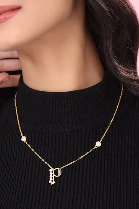 Shop Kicky & Perky Gold Plated Pendant Necklace With Pearl And Stone Shop_Kicky & Perky_Gold Plated Pendant Necklace With Pearl And Stone