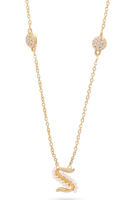 Kicky & Perky_Gold Plated Pearls, Stones S Shaped Pendant Necklace_at_Aza_Fashions