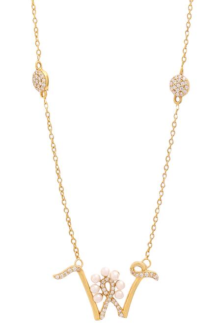 Kicky & Perky Gold Plated Pearls, Stones W Shaped Pendant Necklace at Aza Fashions Kicky & Perky_Gold Plated Pearls, Stones W Shaped Pendant Necklace _at_Aza_Fashions