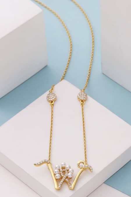 Shop_Kicky & Perky_Gold Plated Pearls, Stones W Shaped Pendant Necklace _at_Aza_Fashions