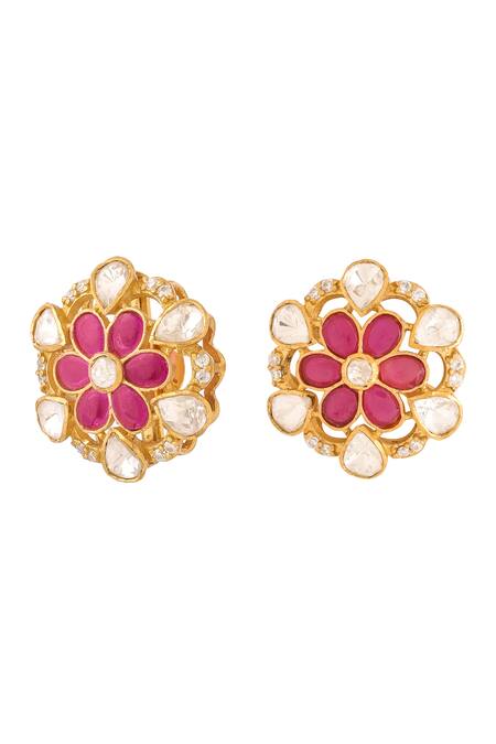 Shop_Kicky & Perky_Gold Plated Stones Floral Stud Earrings _Online_at_Aza_Fashions