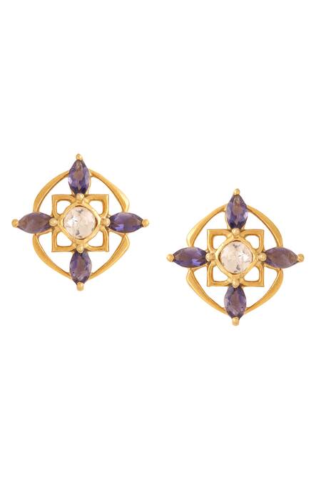 Kicky & Perky_Gold Plated Stones Geometric Floral Motif Stud Earrings _Online_at_Aza_Fashions