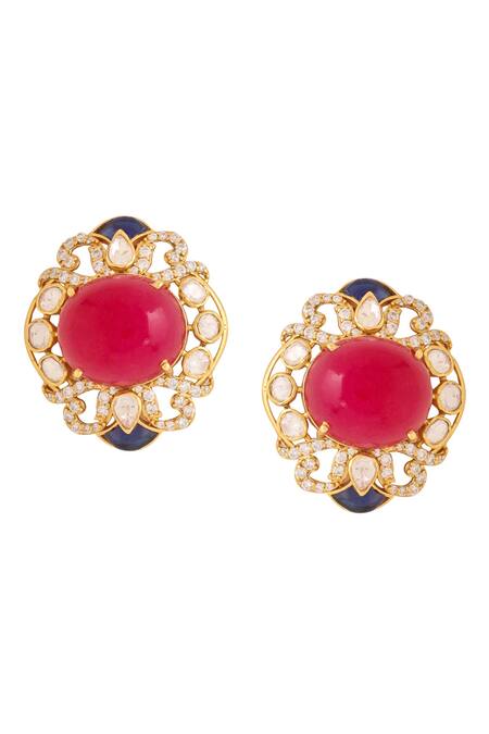 Kicky & Perky_Gold Plated Stones Geometric Cutwork Stud Earrings _Online_at_Aza_Fashions