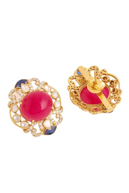 Kicky & Perky_Gold Plated Stones Geometric Cutwork Stud Earrings _at_Aza_Fashions