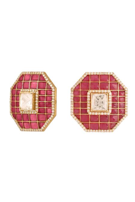 Shop_Kicky & Perky_Gold Plated Stones Hexagon Shaped Stud Earrings _Online_at_Aza_Fashions