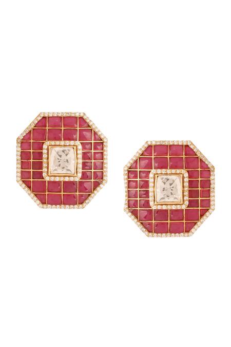 Kicky & Perky_Gold Plated Stones Hexagon Shaped Stud Earrings _at_Aza_Fashions